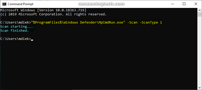 Command Prompt: Windows Defender ScanType 1