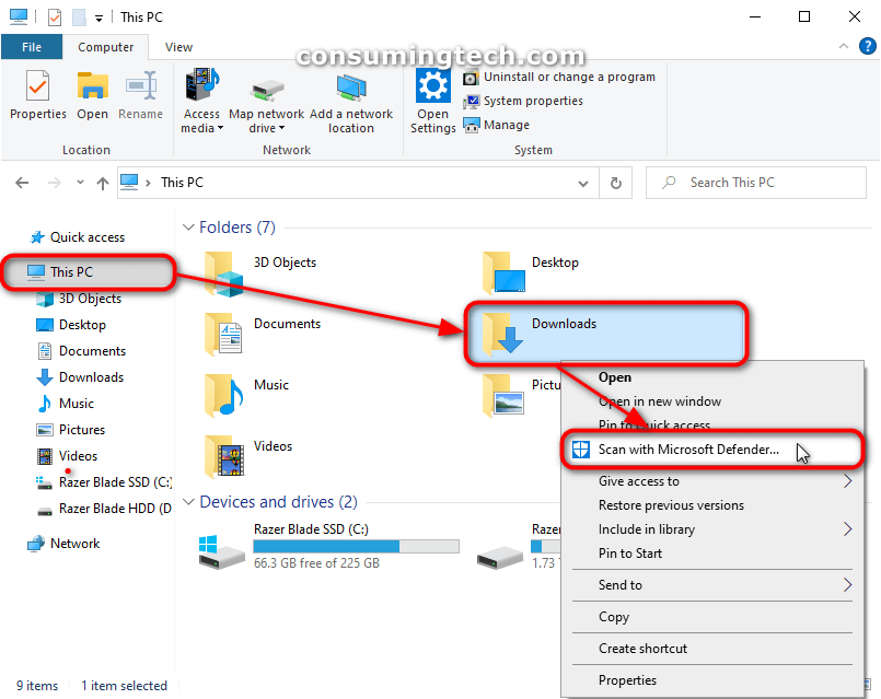 The Downloads folder found within File Explorer; Scan with Windows Defender from its context menu