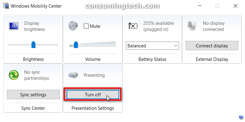 Windows Mobility Center Presentation Settings turned off