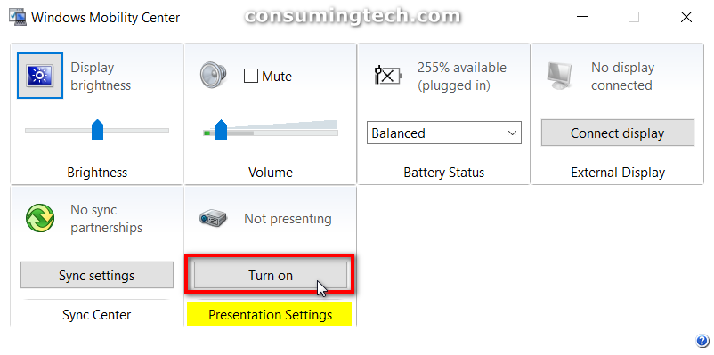 Windows Mobility Center Presentation Settings turned on