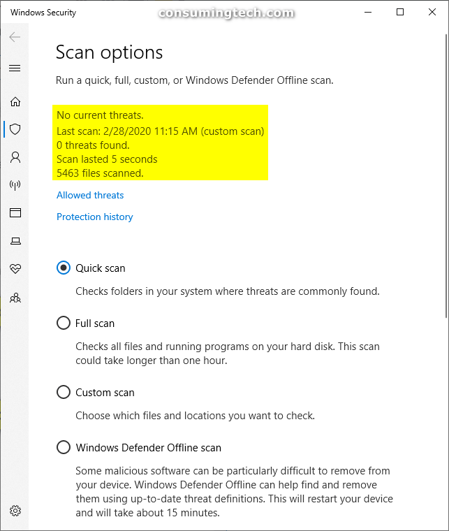 Scan options: No current threats found.