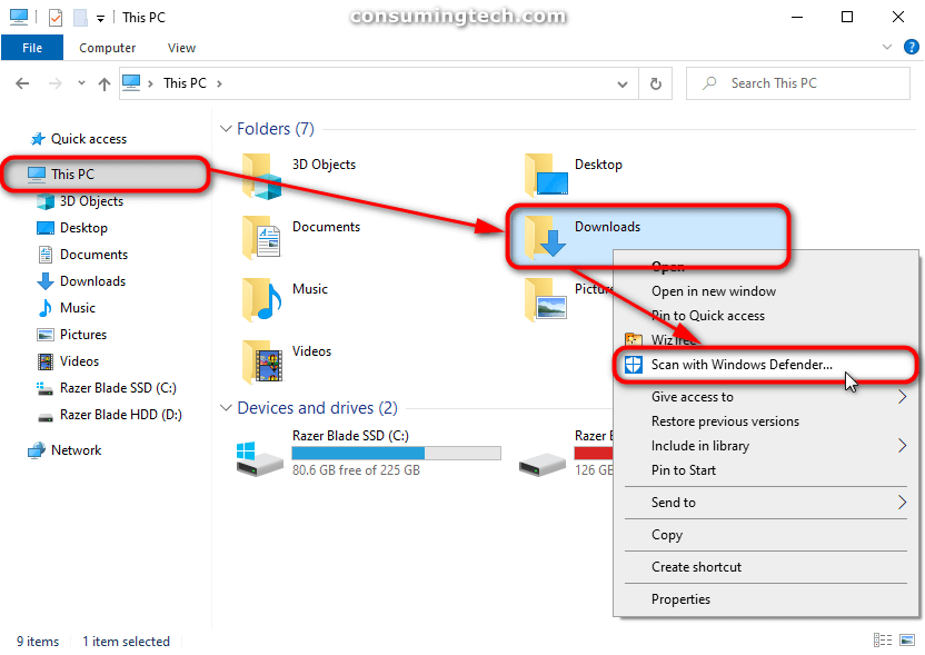 The Downloads folder found within File Explorer; Scan with Windows Defender from its context menu