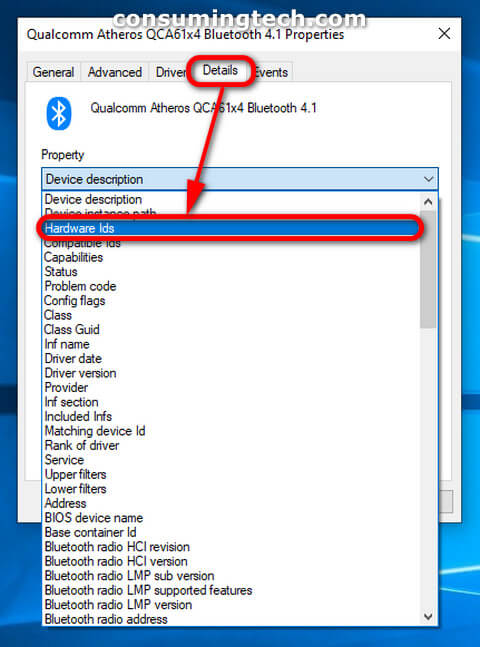 Bluetooth driver Properties dialog > Details tab > Hardware Ids