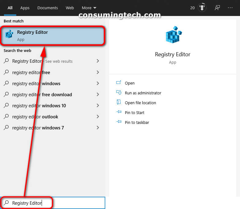 Windows 10: Registry Editor app via Search