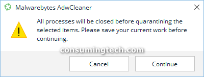 AdwCleaner: All processes will be closed before quarantining dialog