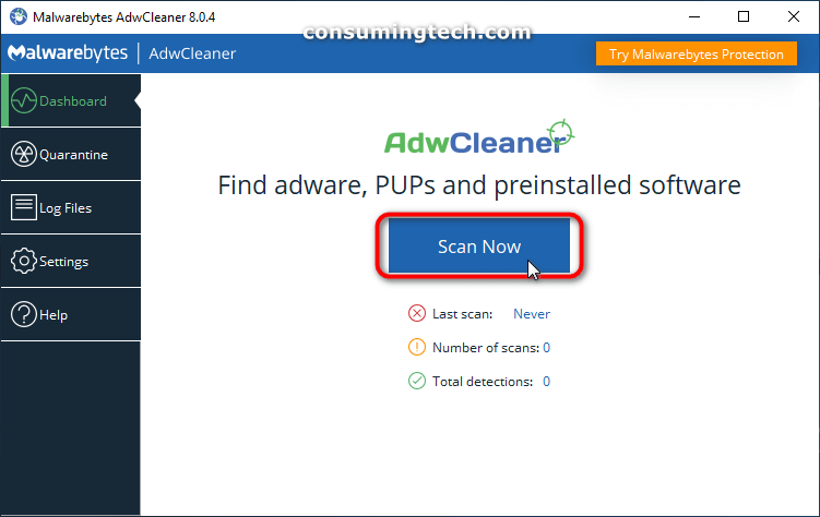 AdwCleaner: Scan Now button