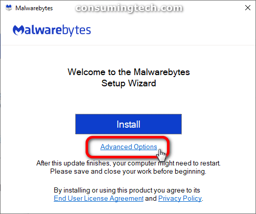 Malwarebytes: Advanced Options link