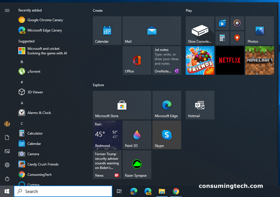 Start menu color accent in Windows 10