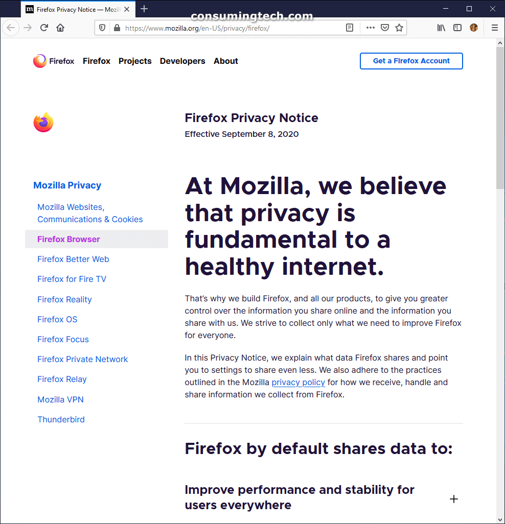 Firefox browser: Firefox privacy notice