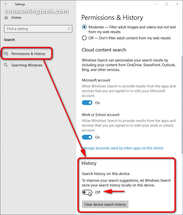Windows 10 Settings app: Permissions and History > History toggle