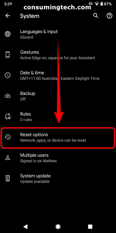 Android 11 Settings > System > Advanced > Reset Options
