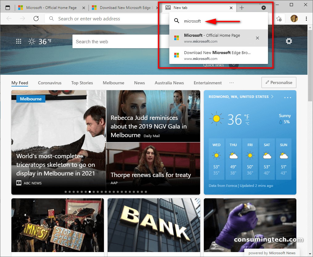 Typing in Edge's Tab Search search field and the results that show vertically