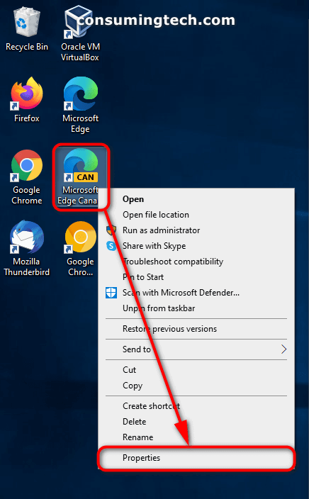 Properties dialog of Microsoft Edge browser icon on desktop