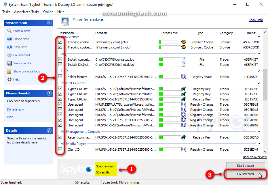 Spybot scan finished; fix selected "threats"