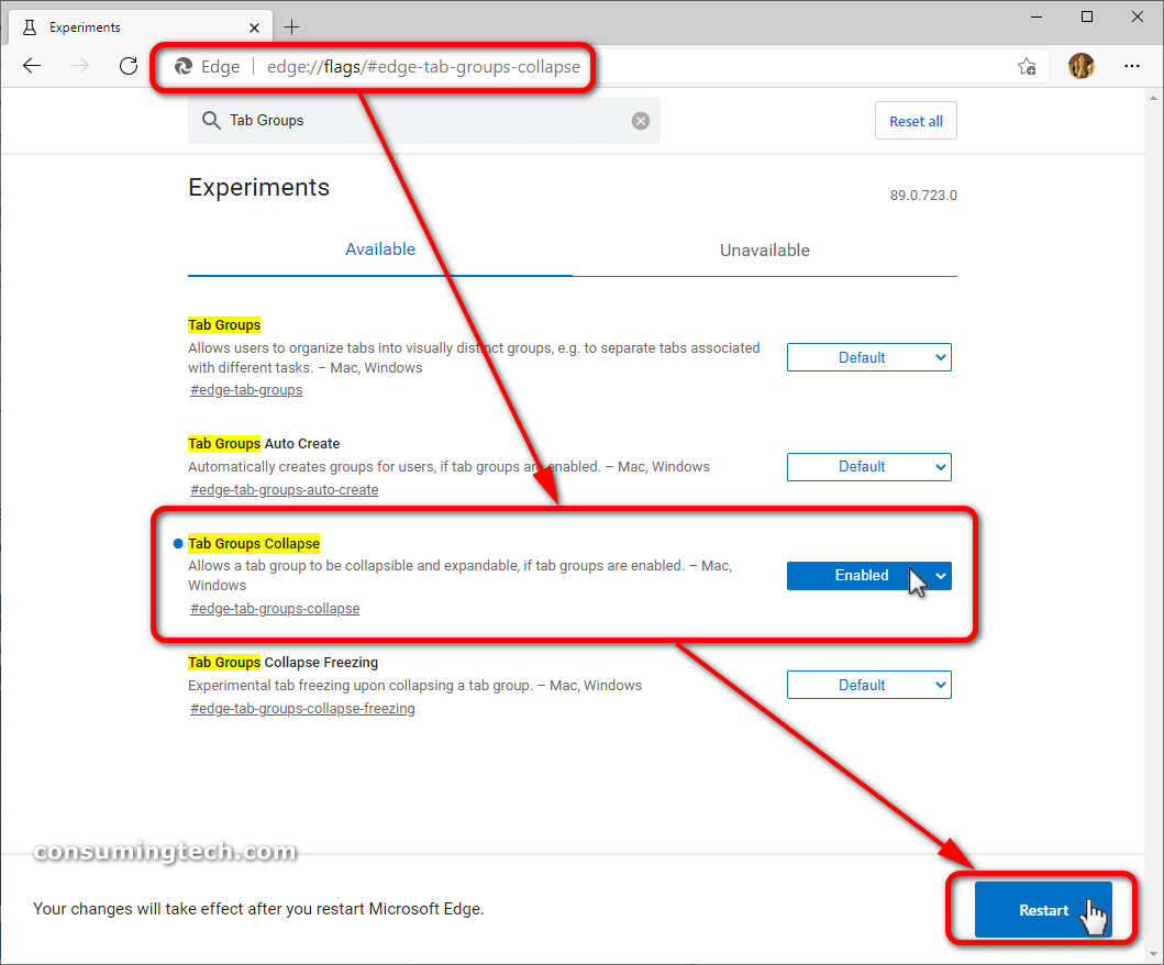 Microsoft Edge flags: Tab Groups Collapse enabled