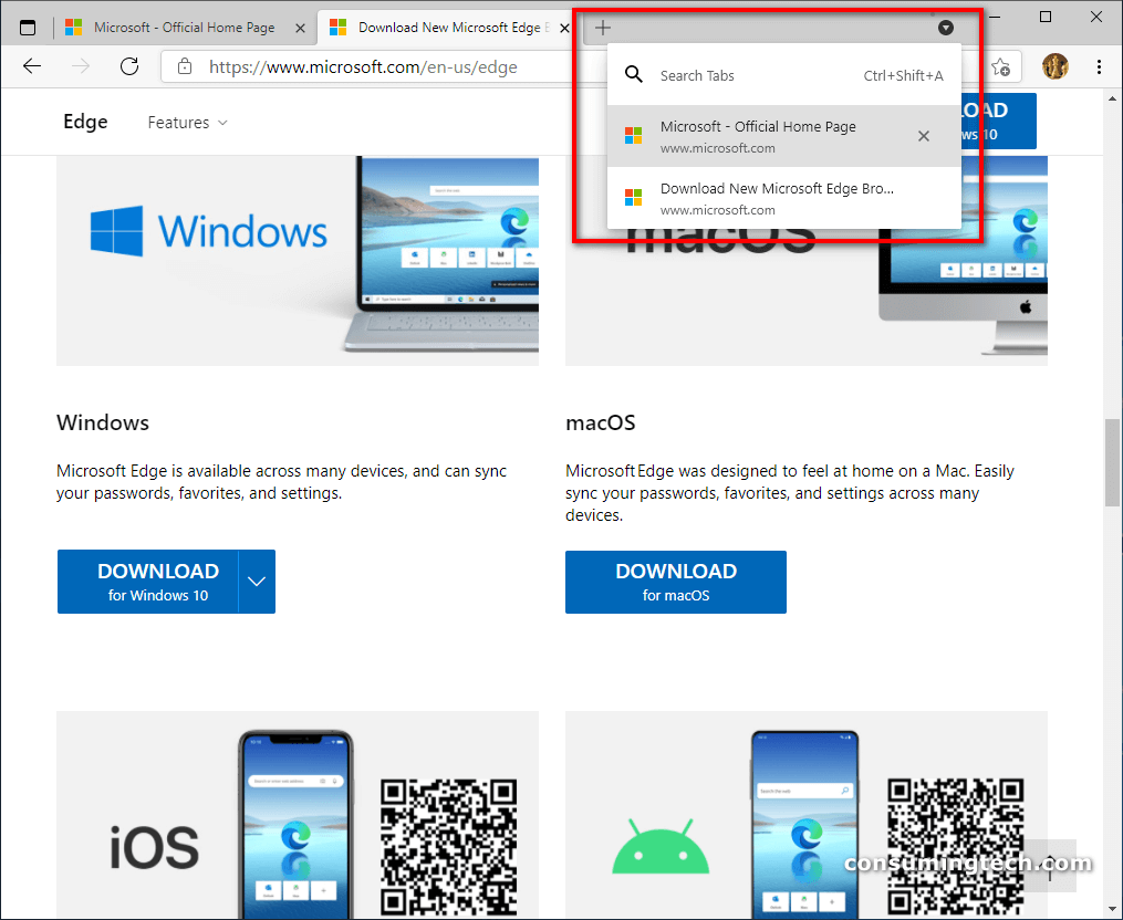 Search box of Edge's Tab Search after the icon is clicked
