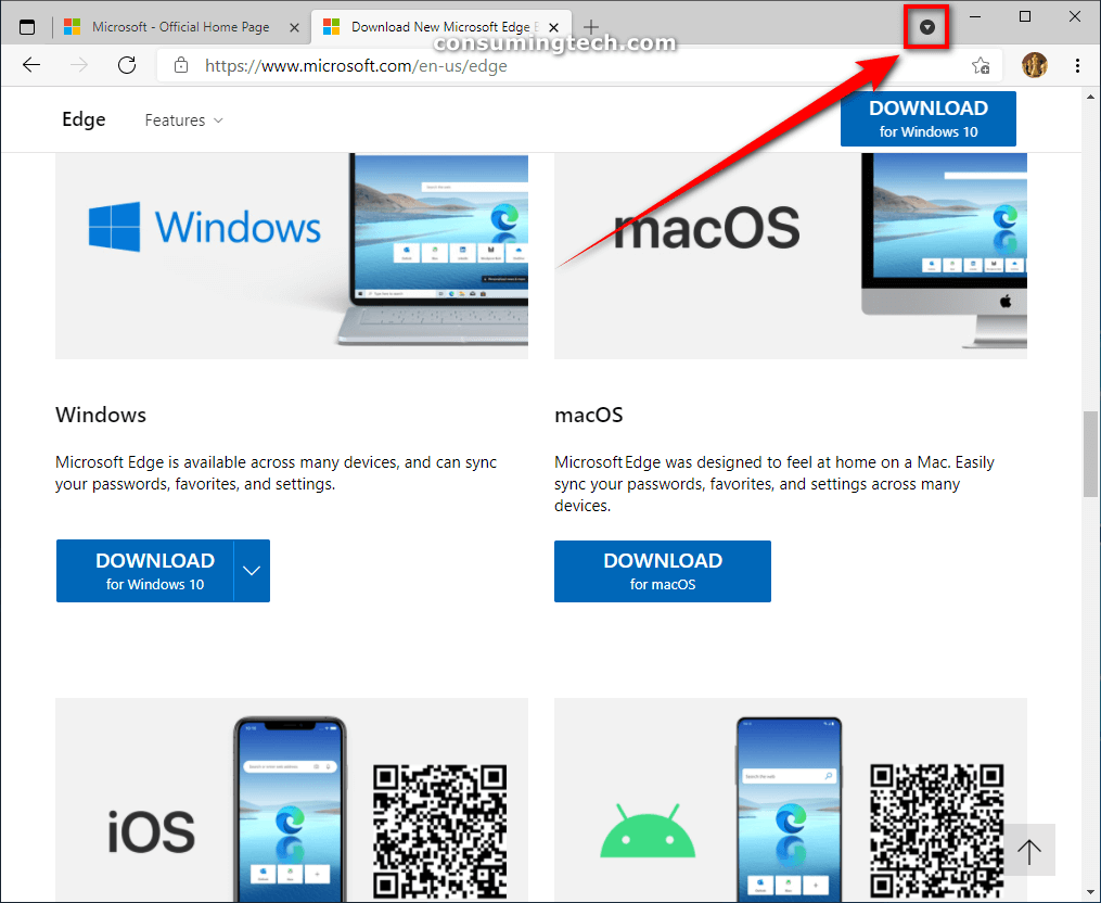 Tab Search in Microsoft Edge with multiple tabs open