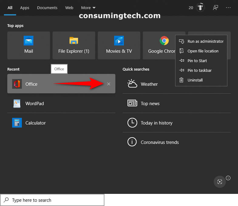 Delete items from Recent Items via Search in Windows 10 