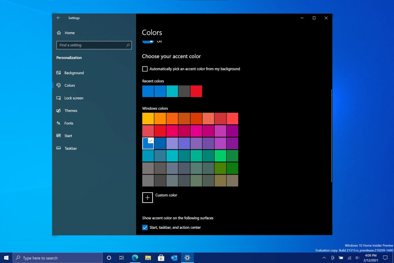 New blue taskbar in Windows 10 build 21313