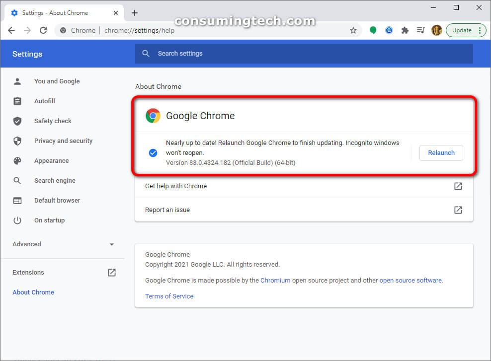 Google Chrome Version 88.0.4324.182