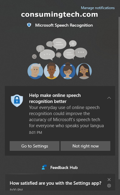 Help make online speech recognition better flyout from Action Center