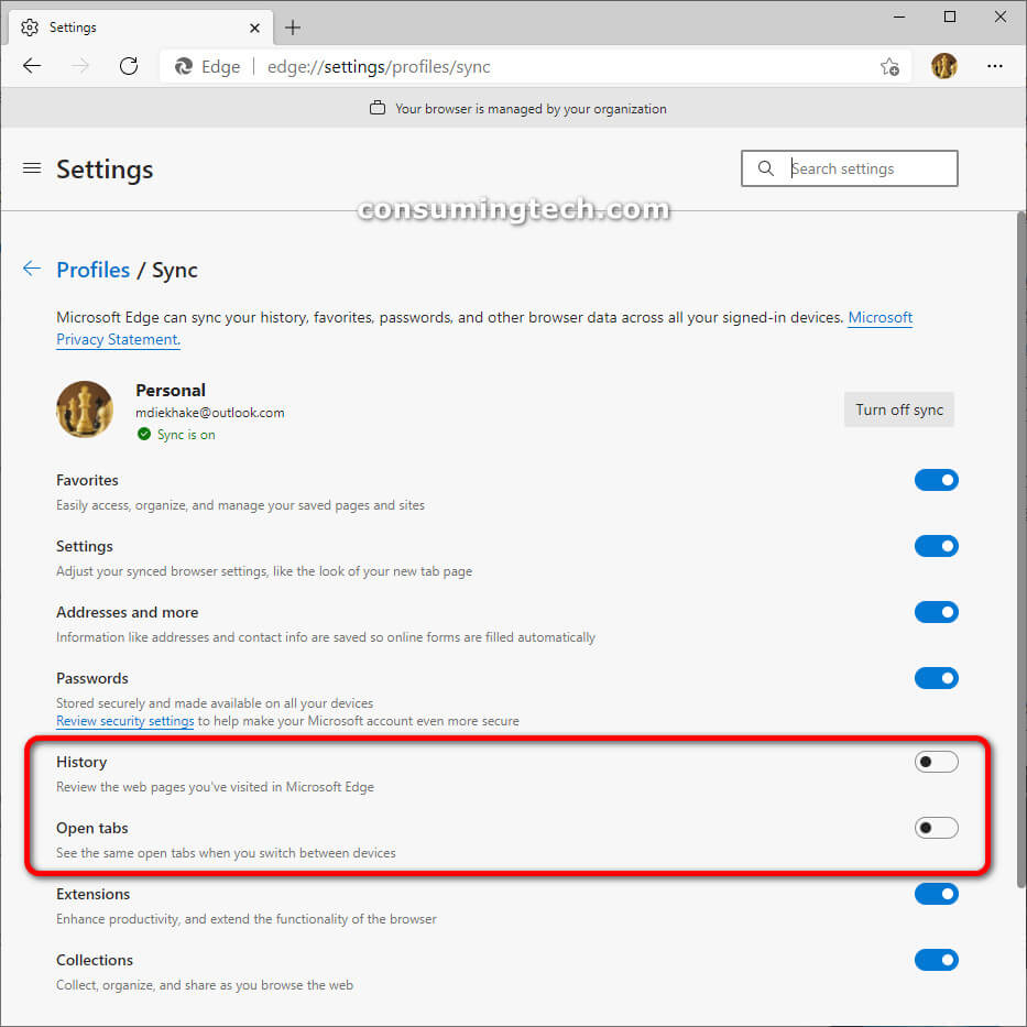 Microsoft Edge Sync: History and Open tabs toggles 