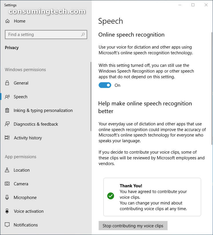 Windows 10 Settings: Speech, Stop contributing my voice clips