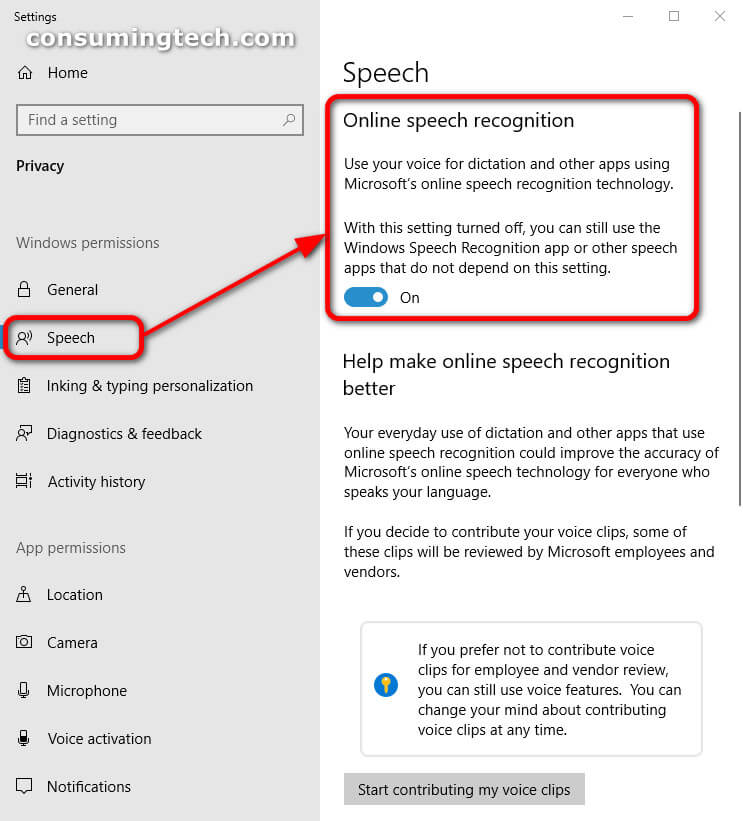 Windows 10 Settings: Speech, Online speech recognition 