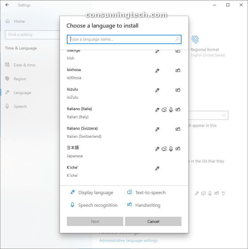 Windows 10 language packs: Choose a language to install 