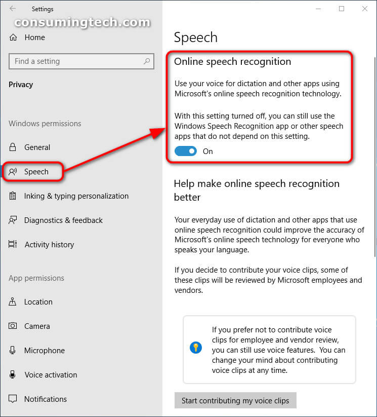 Online Speech Recognition toggle in the Settings app in Windows 10
