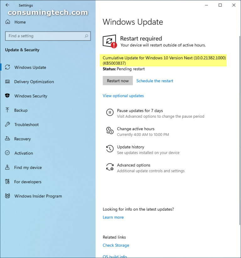 KB5003837 Cumulative Update for Windows 10 Build 10.0.21382.1000