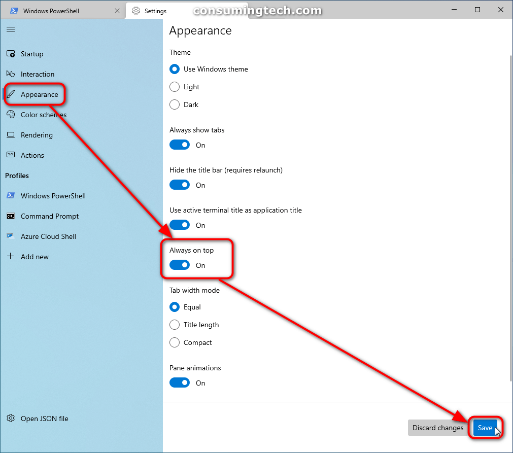 Windows Terminal app settings: Appearance/Always On Top