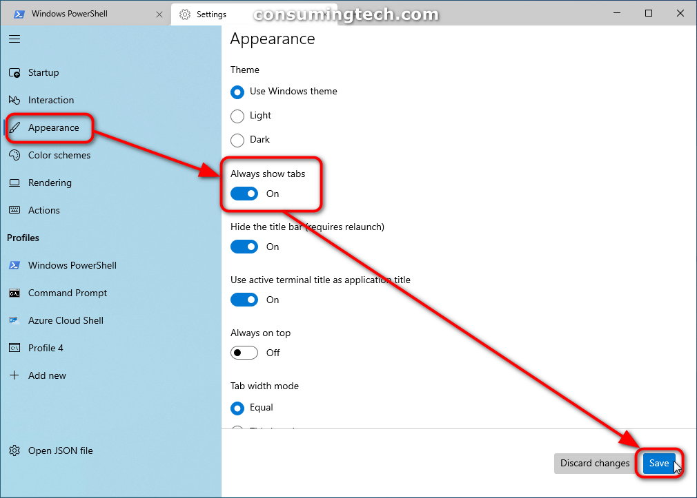 Windows PowerShell Appearance: Always show tabs