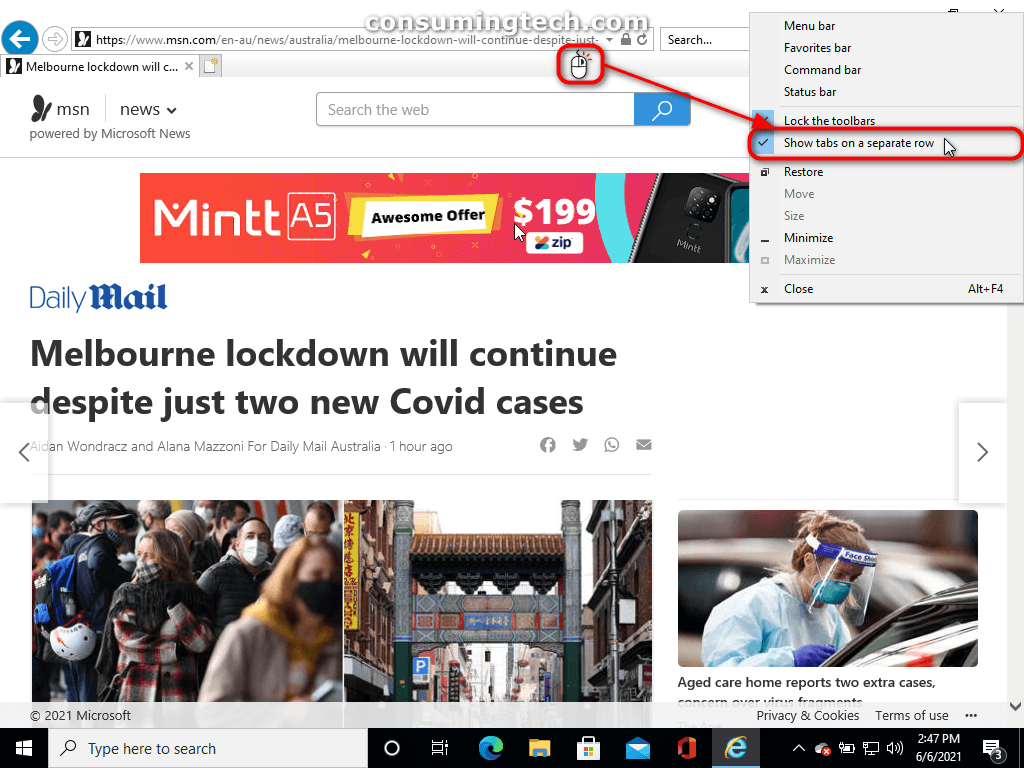 Internet Explorer 11: Show tabs on a seperate row