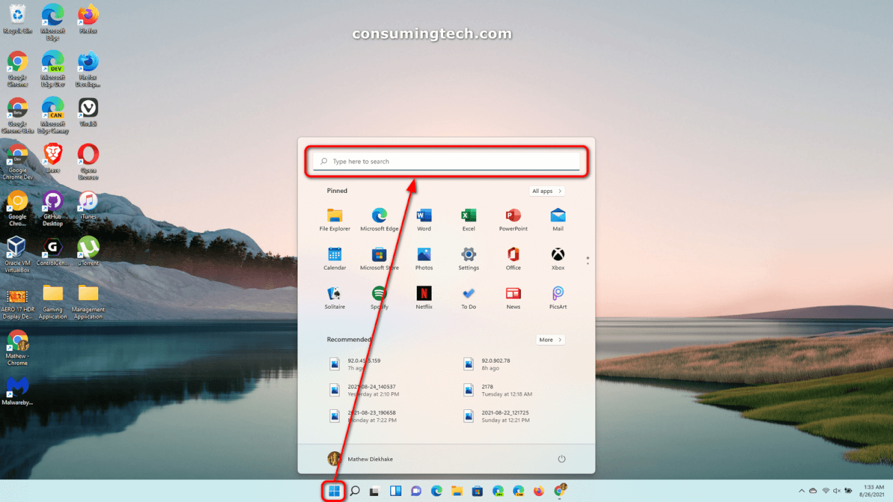search field via Start menu in Windows 11