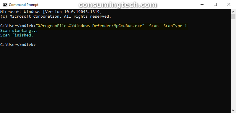 Command Prompt: Windows Defender ScanType 1