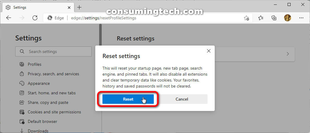 Microsoft Edge: Reset settings dialog