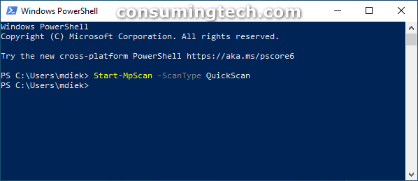 Windows PowerShell: MPScan QuickScan completed