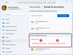 Windows 11: Accounts > Accounts used by other apps > Add accounts > Microsoft account or work/school account