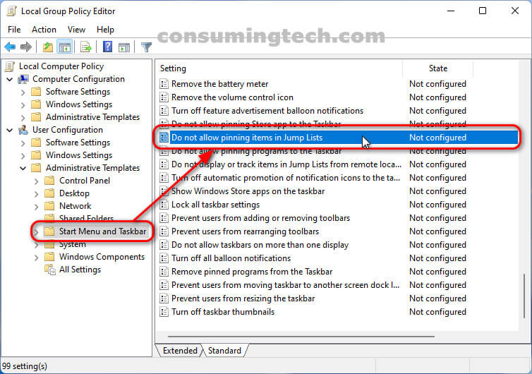 Local Group Policy Editor: Do not allow pinning items in Jump Lists policy setting