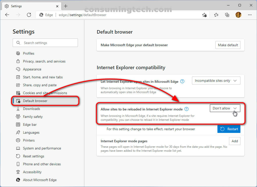 Edge > Settings > Default Browser > Allow sites to be reloaded in IE Mode > Don't Allow