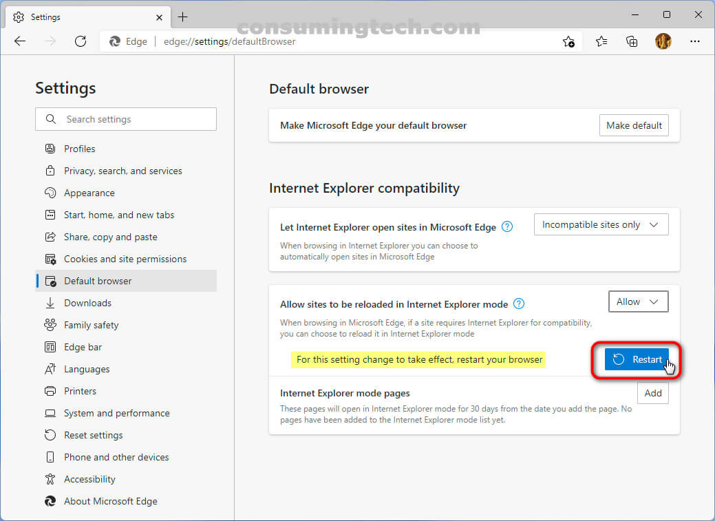 Allow sites to be reloaded in IE Mode > Restart