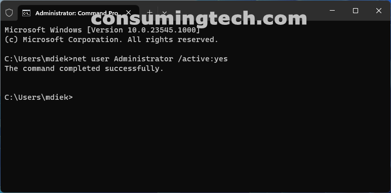 Windows 11: Command Prompt Admin > net user Administrator /active:yes