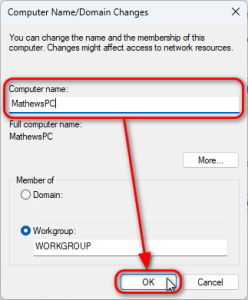 Windows 11: Computer Name/Domain Changes dialog