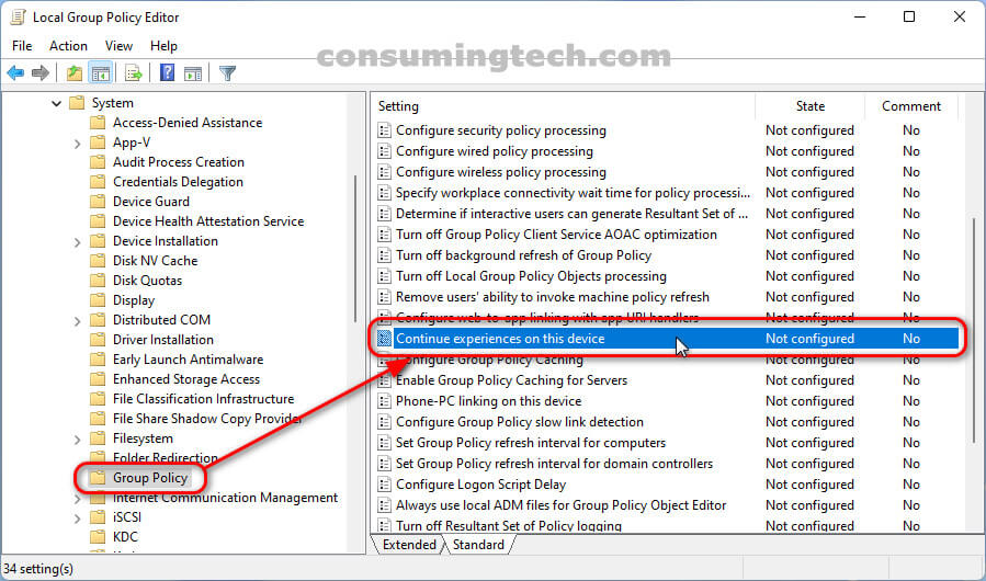 Local Group Policy Editor: Continue experiences on this device policy setting