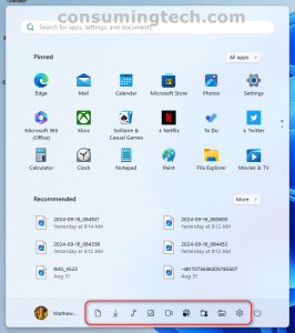 Folder icons at the bottom of Start menu in Windows 11