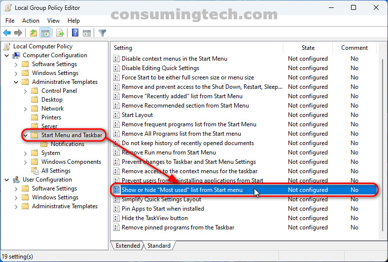 Windows 11: Local Group Policy Editor > Start menu and taskbar