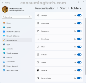 Windows 11: Personlization > Start > Folders > folder icons toggles