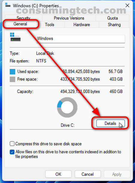Windows 11: Windows C drive > Properties > General > Details