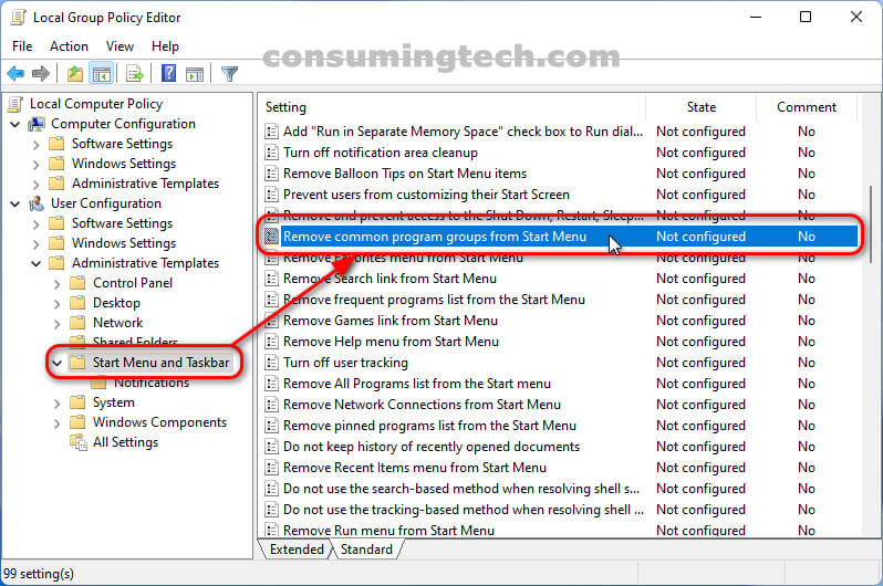 Local Group Policy Editor: Start Menu and Taskbar > Remove common program groups from Start Menu policy setting